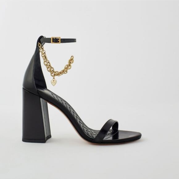 NEW Maje Black Patent Leather Feverlow Sandal Gold Chain Heels - Picture 1 of 15